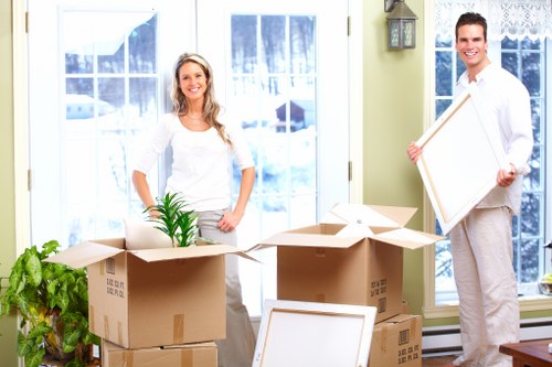Apartment moving boxes in Lampton hallway